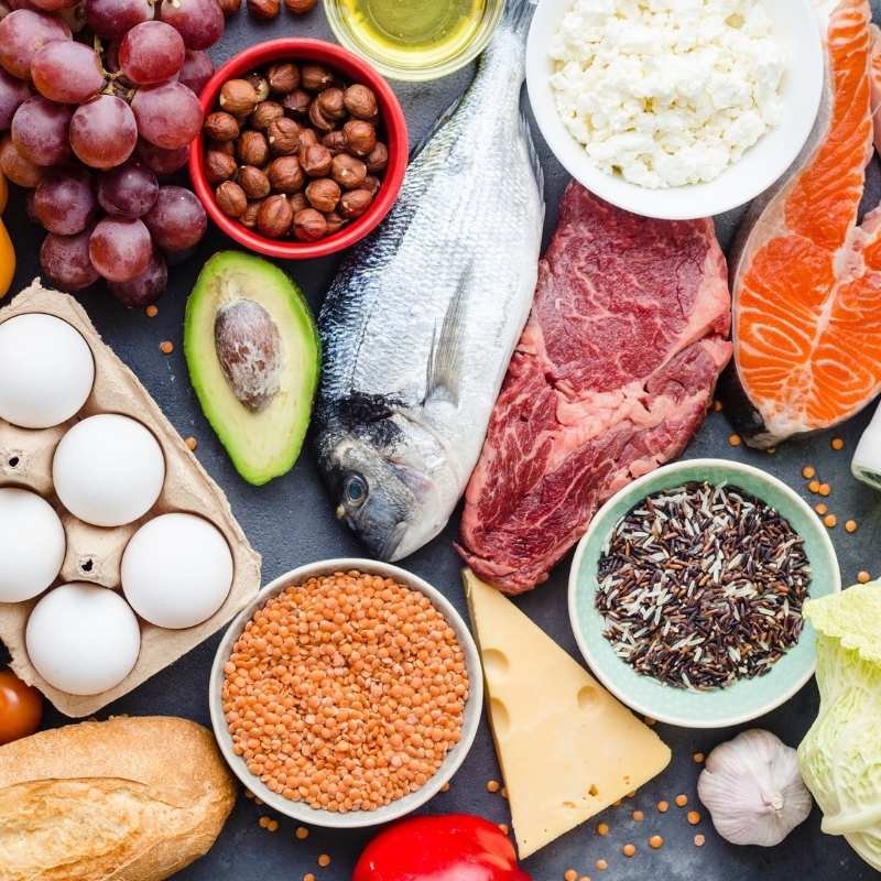 Healthy food variety including fish, meat, grains, and vegetables representing integrative nutrition coaching at Ignite Performance and Health in Chesterfield, MO.