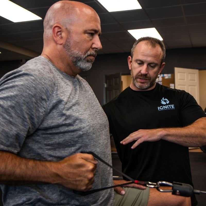 Personal strength training session at Ignite Performance and Health in Chesterfield, MO, with expert coach guiding resistance band workout.