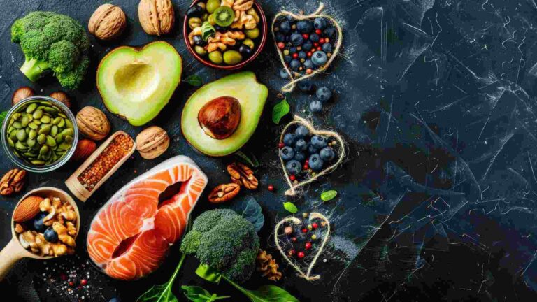 Salmon, avocado, broccoli, berries, nuts, and other nutrient-rich foods arranged on a dark surface.
