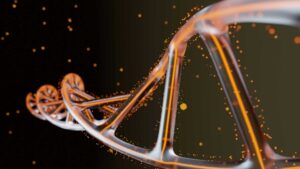 Abstract DNA double helix with glowing orange particles representing NAD+, cellular energy, and longevity.