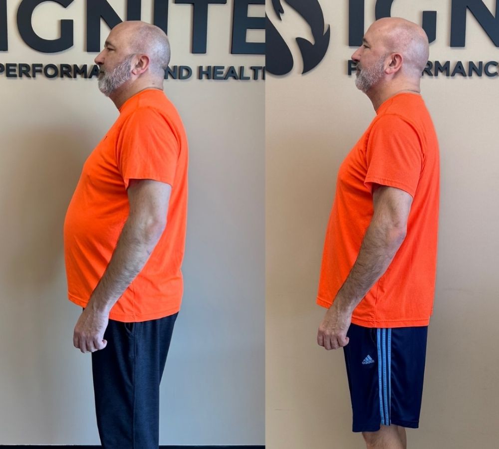 Side-view before-and-after photos showing Bryan’s fitness and body-composition progress at Ignite Performance and Health.