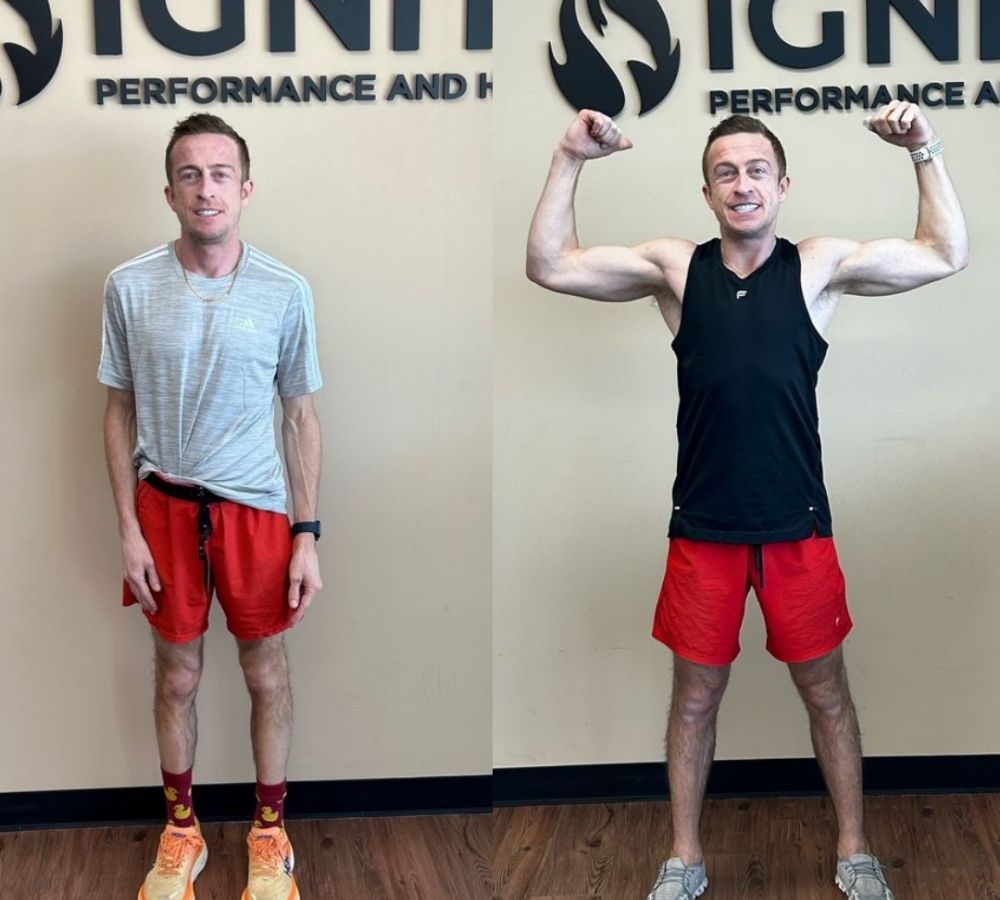 Before-and-after photos showing Casey’s strength and muscle-development progress at Ignite Performance and Health.