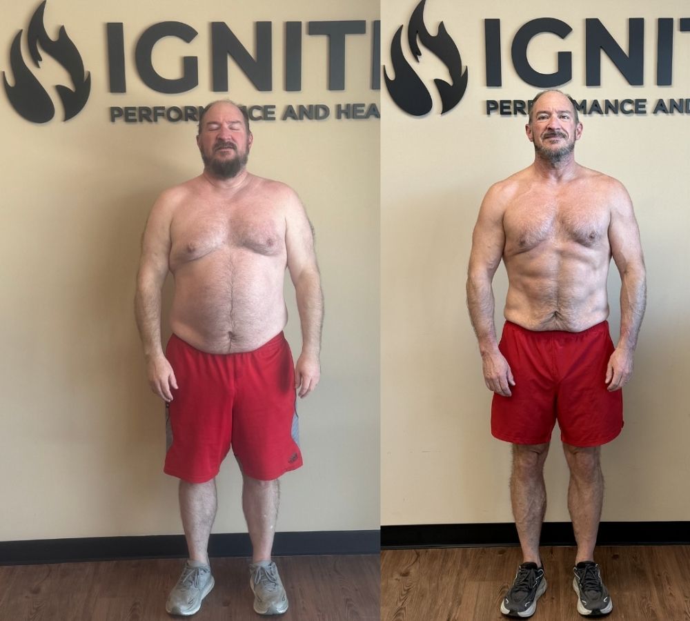 Before-and-after photos showing Dave’s body-composition and strength progress at Ignite Performance and Health.