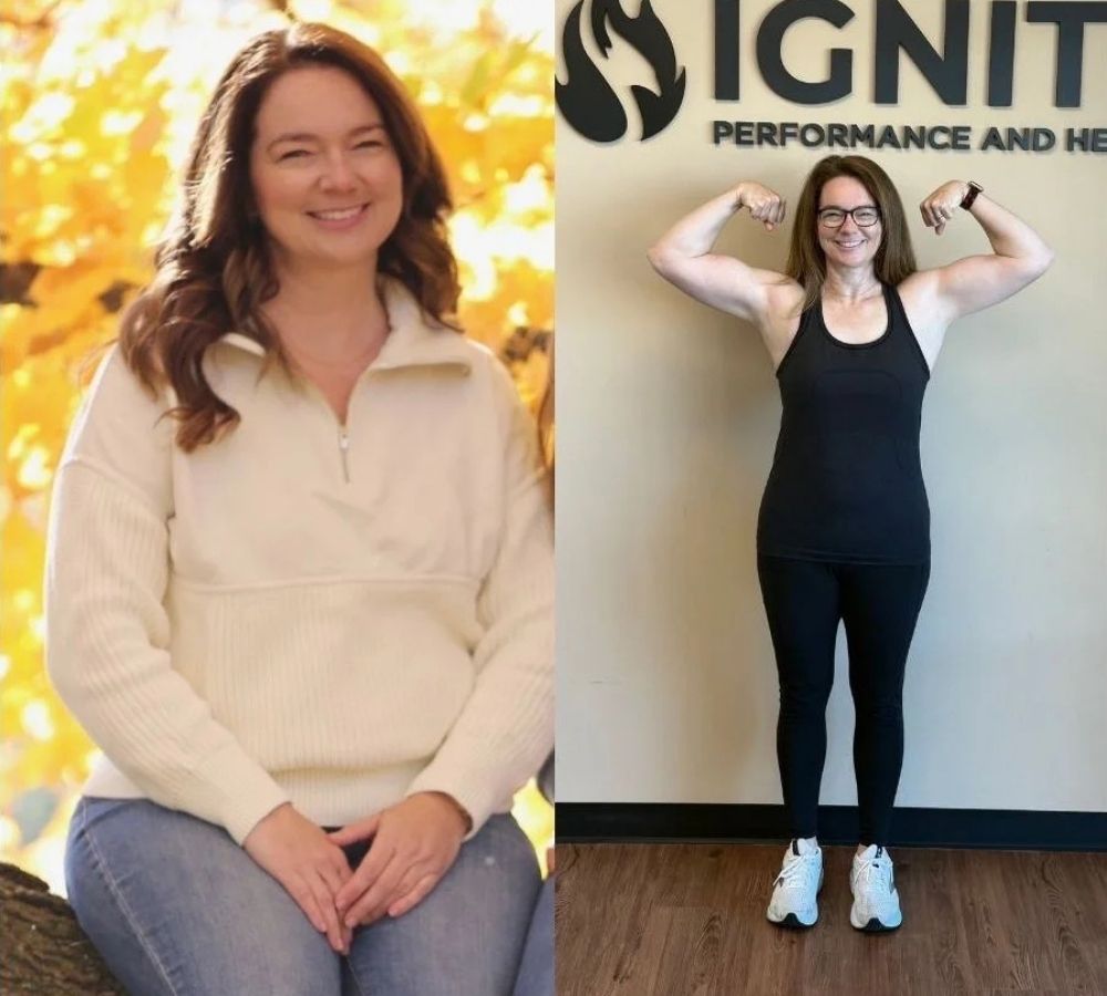Before-and-after photos showing Meghan’s fitness and strength progress at Ignite Performance and Health.